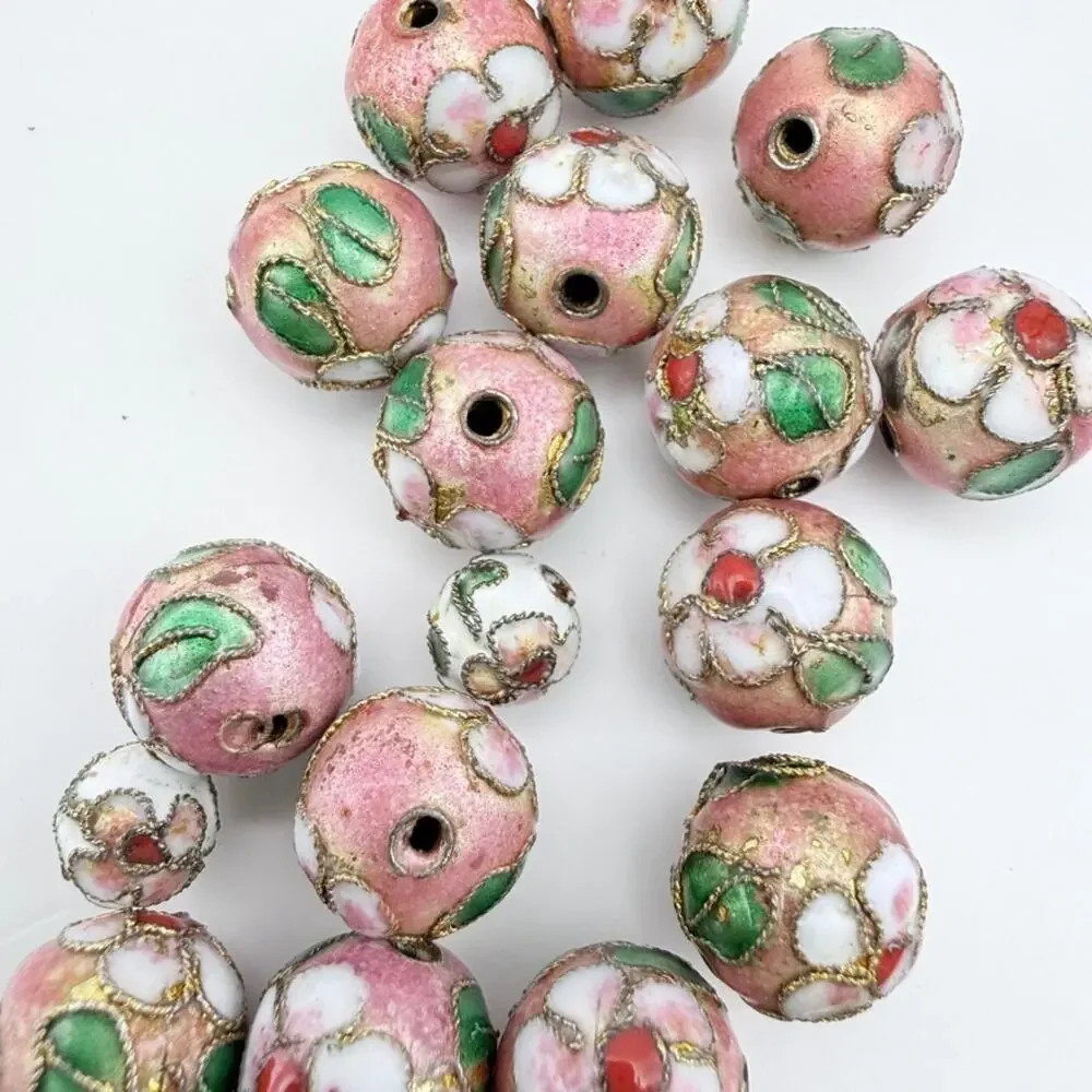 Lot of 7 Vintage Cloisonné Beads Green Pink Enamel Gold Tone Jewelry Making